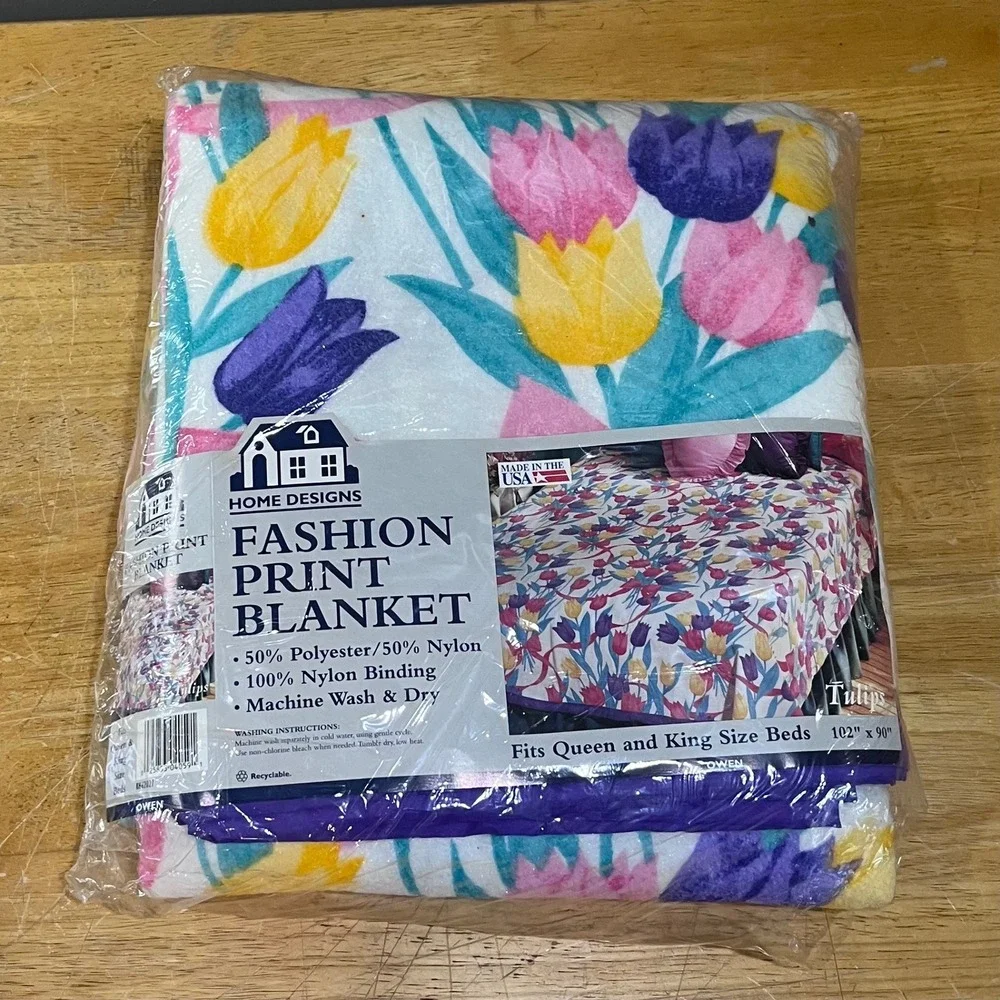 Vtg Home Designs Tulips‎ Floral Print Blanket Queen King Made in USA 102x90 New